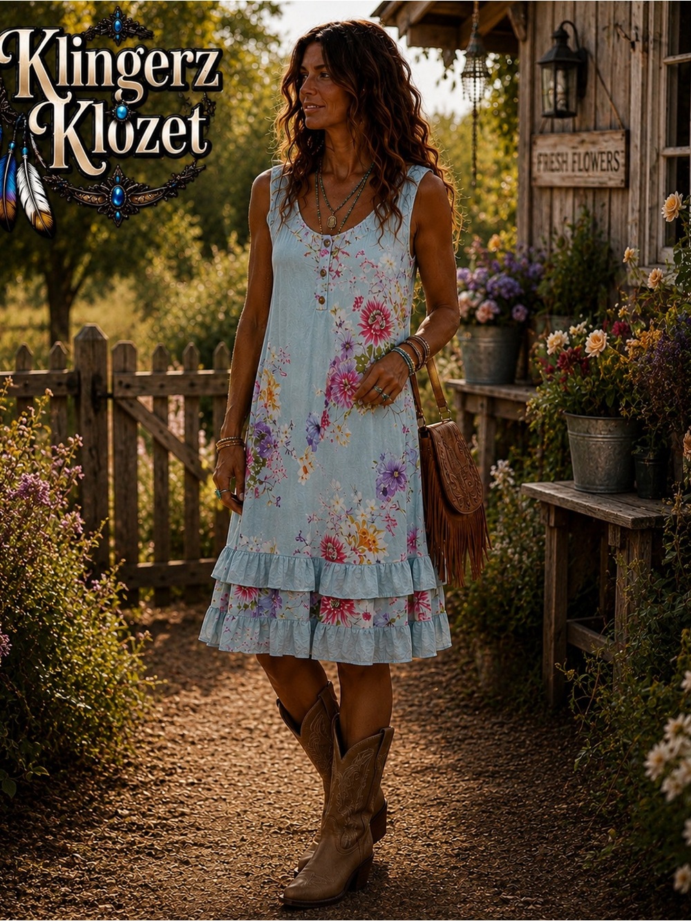 Floral Sleeveless Dress - Blue and Pink